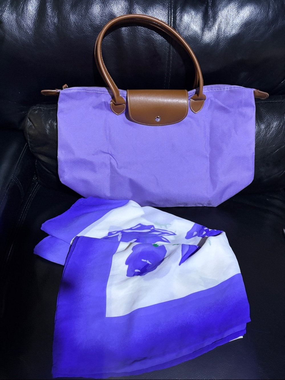 FASHION TOTE -Purple w/ a Floral scarf- FOLDABLE